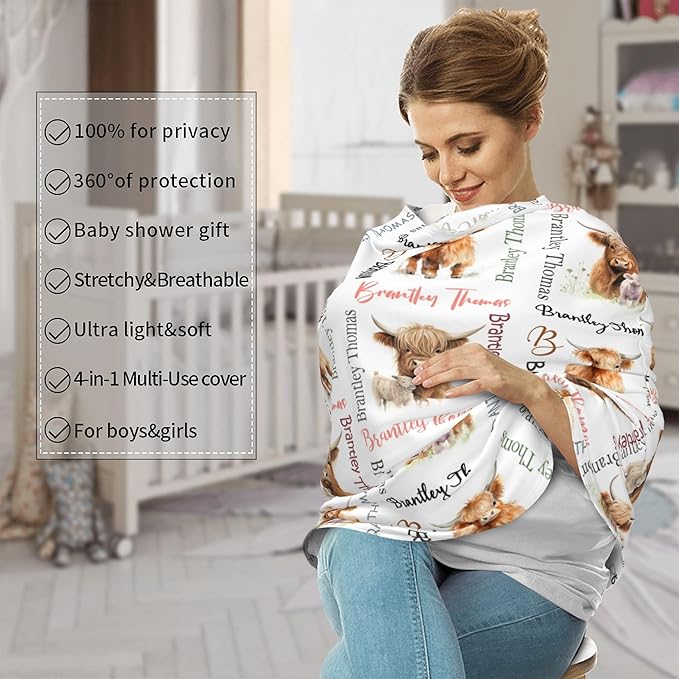 Personalized Car Seat Covers with Name, Highland Cow Baby Canopy Carrier Cover, Breathable Breastfeeding Nursing Cover, Stretchy Multi-Use Infant Carseat Stroller Cover