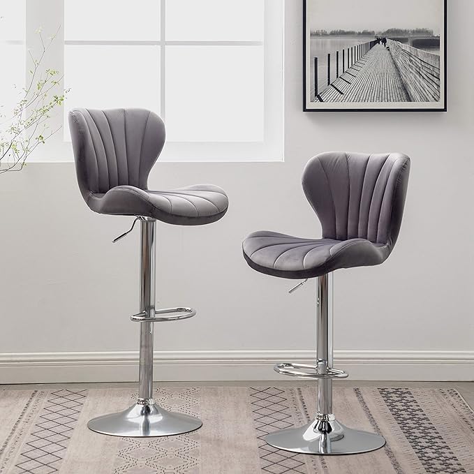 Roundhill Furniture Ellston Velvet Adjustable Swivel Barstools in Gray, Set of 2, Grey