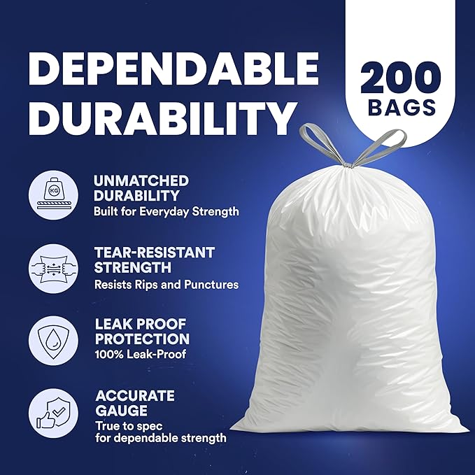 Plasticplace 4 - 6 Gallon White Drawstring Bags, 100% Prime Material, 0.7 Mil