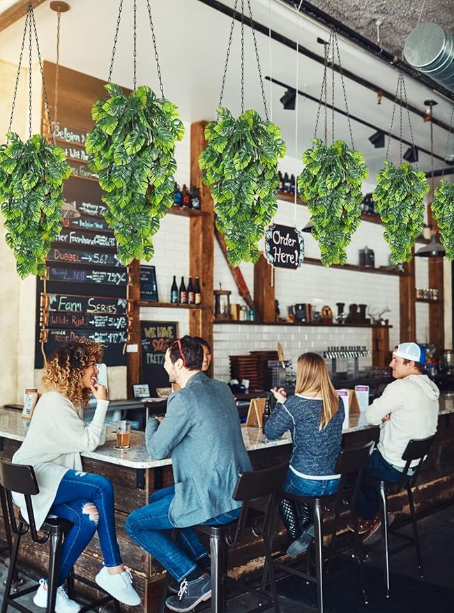 RECUTMS Artificial Hanging Plants 2 Pack, Fake Monstera Leaves Ivy Vine Faux Greenery UV Resistant Outdoor Tropical Palm Leaf Plant for Garden Home Jungle Hawaiian Luau Party Spring Summer Décor