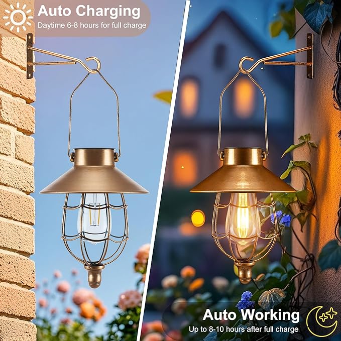 Solar Lanterns Outdoor Hanging Metal Vintage Lantern Warm White Solar Lights lamp Waterproof Edison Bulb Design for Pathway Garden Patio Yard Tree Decoration (2 Pack Copper)