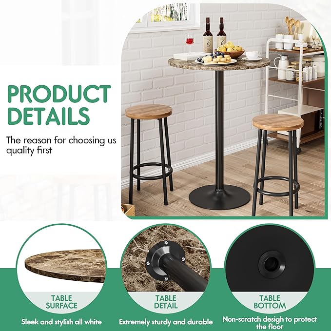 Shahoo Round Bar Table, Cocktail Tables with Metal Base & MDF Top, for Bistro Pub, Cafe, Faux Marble