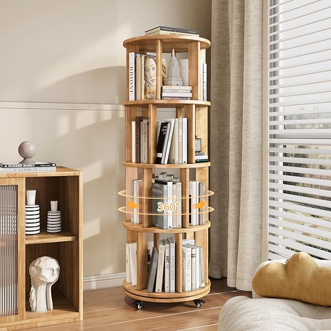 4-Tier Rotating Bookshelf, 360° Spinning Stackable Bookcase, Freestanding Bookshelf for Home Office Study Room Bedroom Living Room
