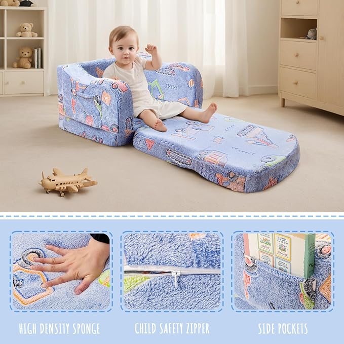 Thick Comfy Toddler Chair and Couch for Kids,2-in-1 Soft Plush Fold Out Sofa for Children,Convertible Couch to Lounger for Toddler