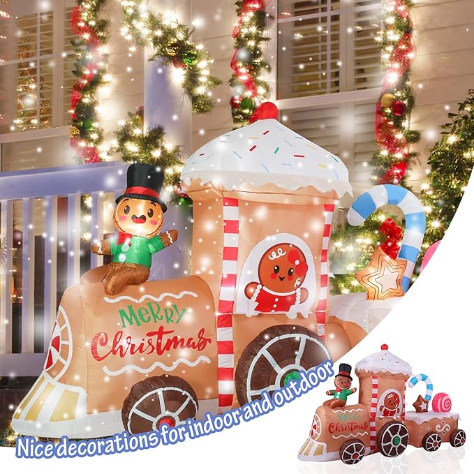 VCUTEKA Christmas Inflatables Gingerbread Outdoor Decorations - 8FT Inflatable Gingerbread Man in Gingerbread House Train Christmas Blow Up Yard Lighted for Holiday Garden Lawn Xmas Decor