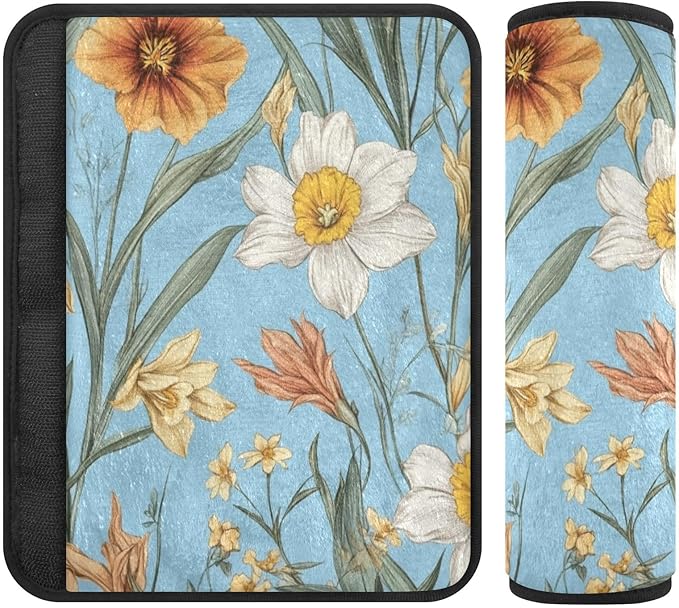 Car Seat Belt Pads 2 Pack Breathable Baby Seat Shoulder Strap Cover for Adults Youth Kids S Autumn Flowers Flower Daffodil Gladiolus Blue