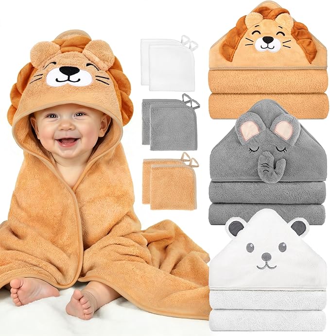 CandyHome 9 PCS Baby Bath Towels for Infants Toddlers, 3 PCS Animal Hooded Baby Towels & 6 PCS Washcloths Set, Ultra Absorbent Soft Cute Newborn Bath Essentials Gifts for Boys & Girls