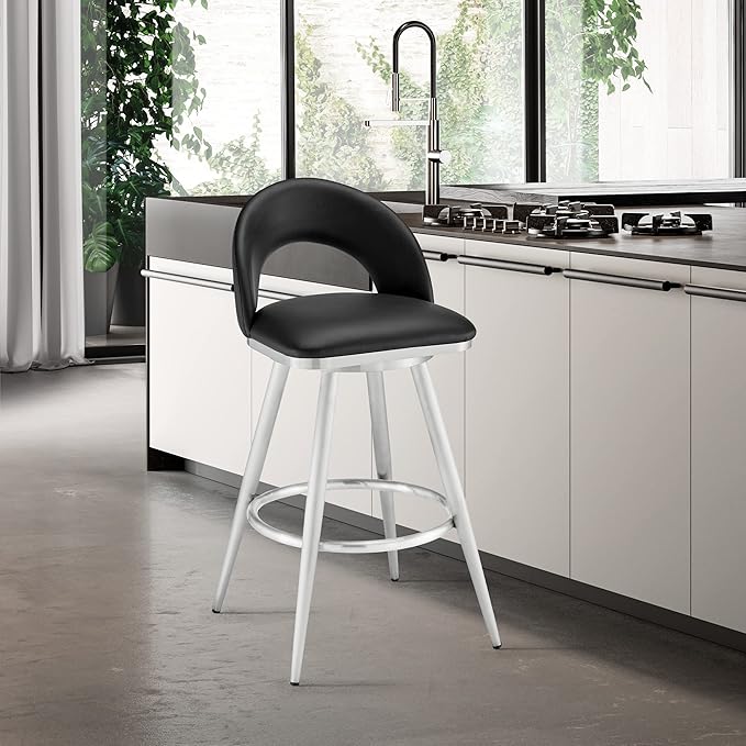 Armen Living Charlotte Swivel Bar Stool in Brushed Stainless Steel with Black Faux Leather