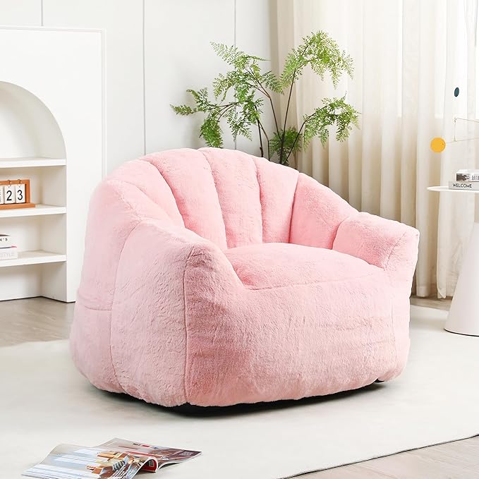 Furniliving Bean Bag Chair, Giant Bean Bag Chair Stuffed Floor Sofa for Adults Comfy Bean Bag Sofa with Back Support, Oversized Bean Bag Couch for Living Room Bedroom Dorm Office, Faux Leather, Pink