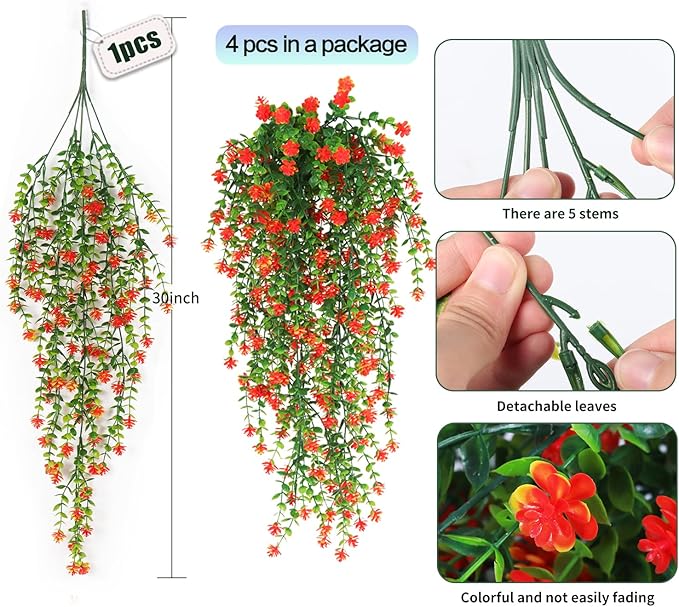 SJL Fall Artificial Hanging Plant Fall Faux Eucalyptus Leaf Fake Hanging Vines UV Resistant Fake Mums for Outdoors Faux Autumn Plants for Home Indoor Outdoor Thanksgiving Decor (Orange)