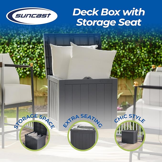 Suncast Small Deck Box Storage w/ Bench Seat for Indoor & Outdoor Use, 22 Gal., Cyberspace