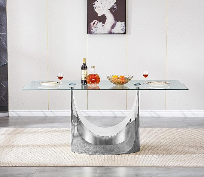 HomVent Modern Rectangle Glass Dining Table, 70''L x 35.4''W x 30''H, Silver With U Base, Clear Tempered Glass Top, Stainless Steel Base