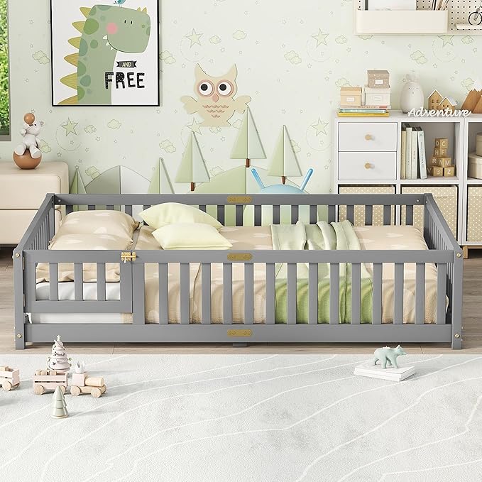 Bellemave Full Floor Bed with Slats and Safety Guardrails, Kids Montessori Floor Beds with Fence and Door, Easy Assemble Floor Bed for Kids, Girls, Boys, Gray