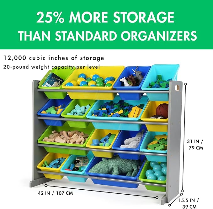 Humble Crew Supersized Toy Storage Organizer with 16 Removable Bins, Grey/Blue/Green/Yellow – Large Toy Storage for Toddlers Ideal for Kids' Rooms, Playrooms, and Nurseries - Modern Toy Bins for Kids
