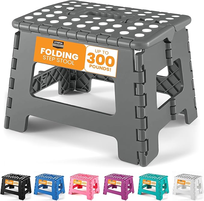 Utopia Home Folding Step Stool with Handle – 9 Inch Anti Slip Collapsible Stool – Holds Up to 300 lbs – Sturdy Plastic Step Stool Foldable for Kitchen, Bathroom and Home Use (1-Pack, Grey)
