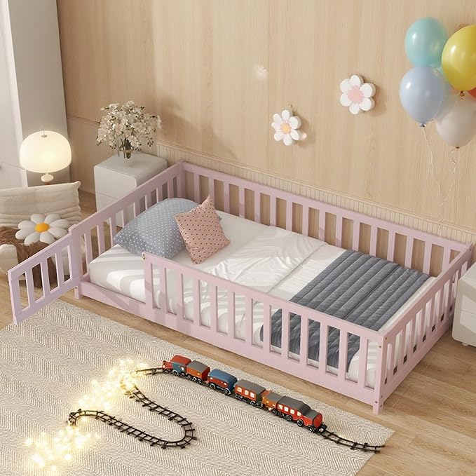 Twin Floor Bed Frame with Slats and Safety Guardrail, Wood Twin Size Montessori Floor Bed with Door and Fence, Easy Assemble Montessori Beds for Kids, Girls, Boys, Pink