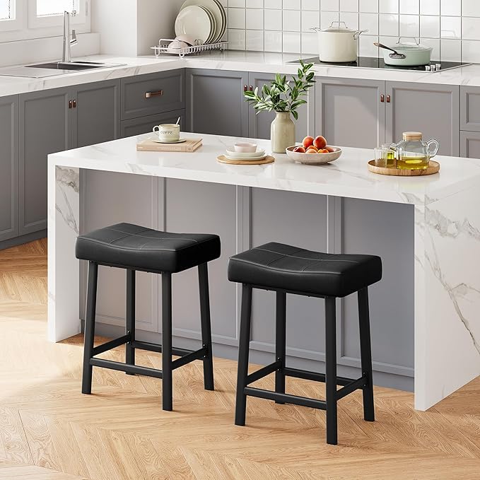 GarveeHome Counter Height Bar Stools Set of 2, 24 Inch Barstools for Kitchen Island Counter, Upholstered Padded Saddle Chairs with Curved Cushion, Easy Assembly, Black