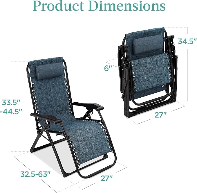 Best Choice Products Oversized Zero Gravity Chair, Folding Outdoor Patio Recliner, XL Anti Gravity Lounger w/Removable Cushion, Cup Holder, Side Tray, 350lb Capacity - Graphite Blue