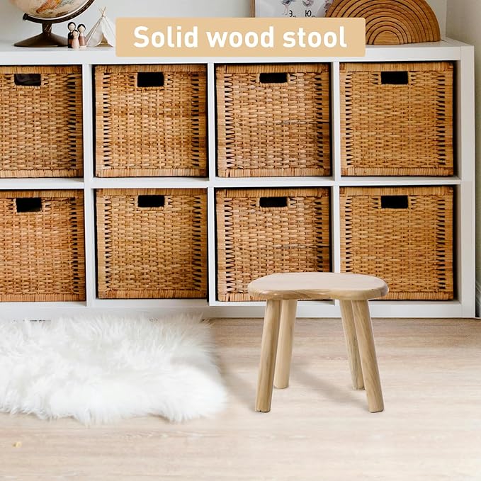 Wooden Stool, Small Step Stool for Kids, 10 inch Small Short Solid Wood Chair Perfect Matched Sensory Table, Sturdy and Versatile for Bathroom, Kitchen, Bedroom, Plant Stand (Burlywood)