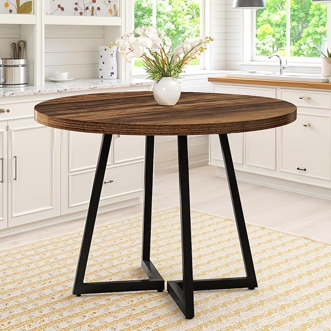 Round Dining Table for 4, 31.5-Inch Farmhouse Dinner Table Wooden Circle Kitchen Tables with Metal Base for Dining Room, Kitchen, Living Room, Brown