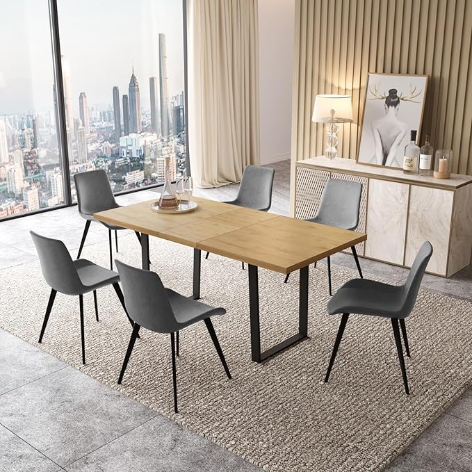 ZckyCine Dining Table Set for 6-8 People Kitchen Dining Room Table Set Extendable Wood Dining Table and 6 Upholstered Chairs, Home Kitchen Furniture