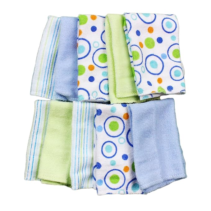 Spasilk Washcloth Wipes Set for Newborn Boys and Girls, Soft Terry Washcloth Set, Pack of 10, Blue Circles