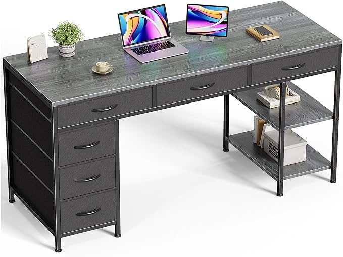 Huuger Computer Desk with 6 Drawers, 47 Inch Office Desk with Shelves, Reversible Gaming Desk, Corner Desk with Storage, Work for Home Office, Study, Living Room, Gray