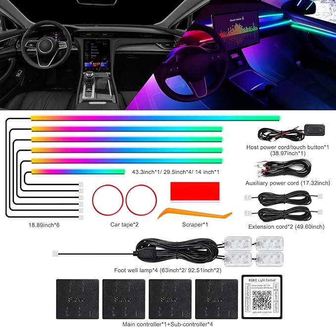 Dreamcolor Acrylic Interior Car LED Strip Light with Wireless APP, RGB 10 in 1 with 175 inches 612 LEDs Fiber Optic Car Ambient Lighting Kits, Dynamic Chasing Music Sync Neon LED Strip Lights for Car