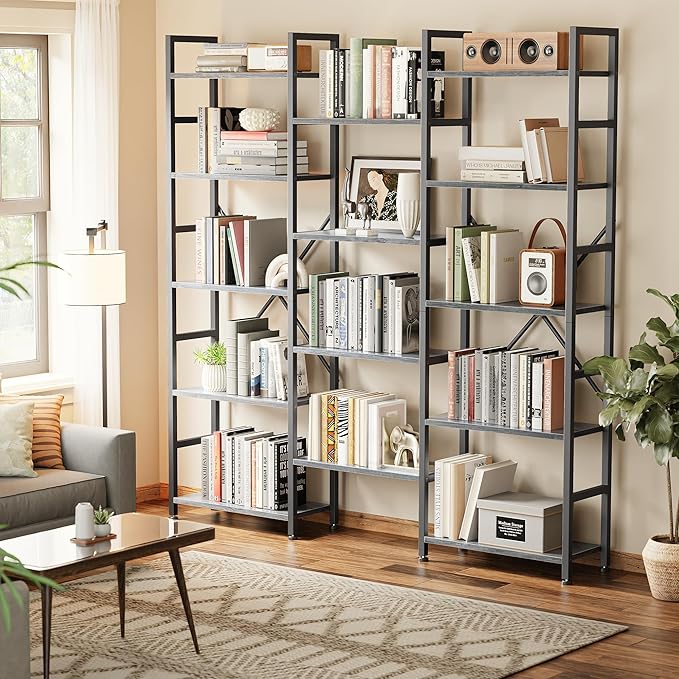 SUPERJARE Triple 5 Tier Bookshelf, Bookcase with 14 Open Display Shelves, Wide Book Shelf Book Case for Home & Office, Grey