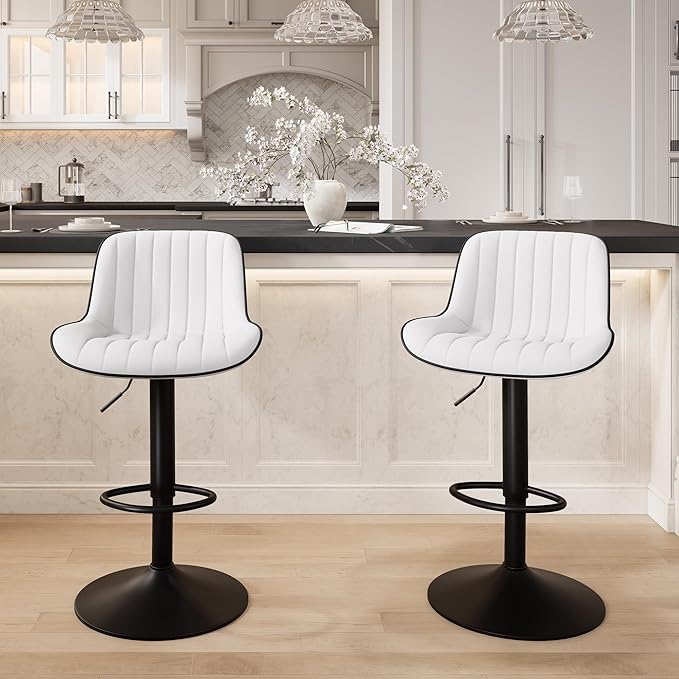 YOUNIKE White Bar Stools Set of 2 Kitchen Counter Height Barstools Upholstered Swivel Modern Faux Leather Bar Chairs with Backs Adjustable High Breakfast Island Stool with Metal Leg