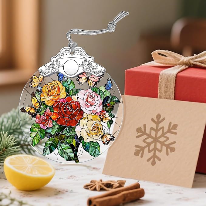 Butterfly & Rose Christmas Decorations - Christmas Ornaments for Tree | Stained Glass Ornament | Holiday Ornament – Flower Lover Gifts | Gift Ideas | Xmas Gift