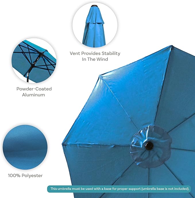 Sunnydaze Outdoor Patio Umbrella - Polyester Table Market Umbrella with Push-Button Tilt and Crank - 8 Sturdy Ribs - Turquoise - 9ft