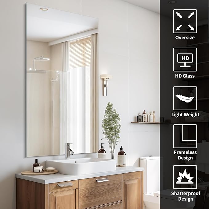 Frameless Mirror, 30x60 Inch Large Bathroom Mirrors for Wall, Upgraded Shatterproof Rectangle Vanity Mirror Over Sink with Polished Edge for Bathroom,Bedroom,Living Room and Entryway