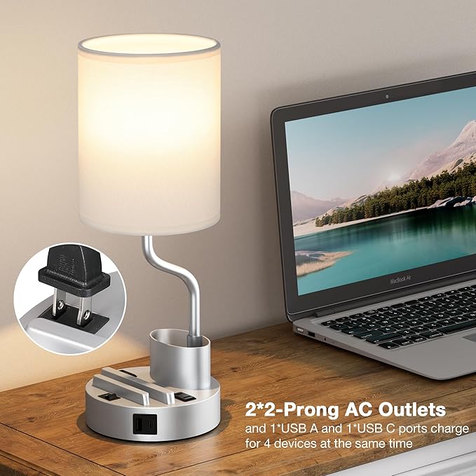 Grey Bedside Table Lamps for Bedroom Set of 2 - Nightstand Light with AC Outlet and USB A & C for Charging, 3 Color Temperatures Desk Lamp with Pen Holder & Phone Stand for Living Room/Dorm/Office