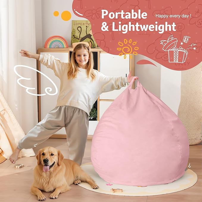 Homguava 2FT Bean Bag Chair: 2' Bean Bags with Memory Foam Filled,Comfy Beanbag Chairs Round Bean Bag Sofa with Dutch Velvet Cover-Light Pink