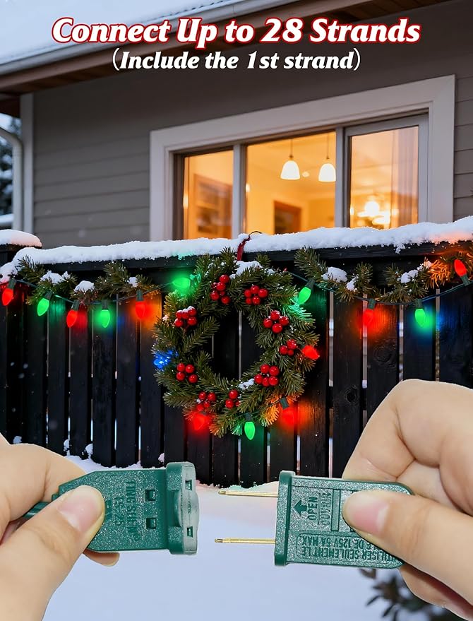 SUNSGNE C9 Red and Green Christmas Lights, 25FT Glass Ceramics Christmas Tree Lights with 26 7W Red White Glass Bulbs(1 Spare) for Backyard Patio Balcony Xmas Decor, Green Wire