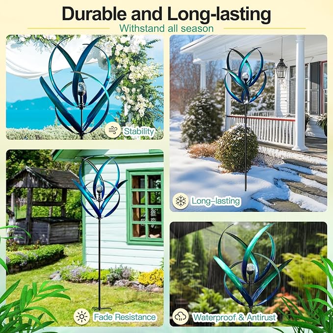 Outdoor Wind Spinners with Solar Light, 82'' Metal Large Spinner Yard Art, Peacock Blue Wind Sculptures for Garden Lawn Patio, Gifts for Family