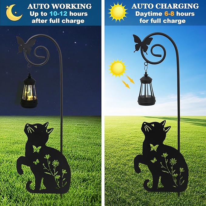 Solar Cat Lantern Garden Stakes - Outdoor Decorative Solar Lights for Yard, Patio, Pathway - Weatherproof Metal Cat Stake with Auto Night Lighting