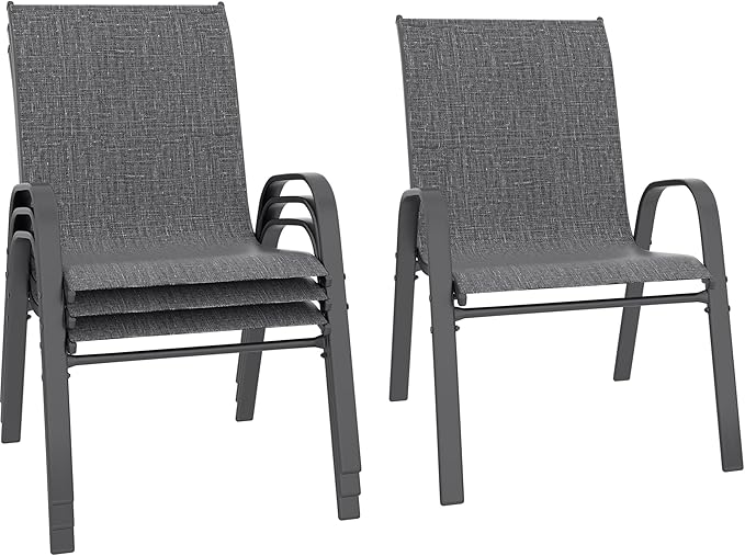 Betterhood Patio Chairs Set of 4, Stackable Outdoor Dining Chairs Set with Breathable Seat Fabric, All-Weather Powder-Coated Metal Frame for Deck, Pool Side and Backyard, 350LBS Capacity (Grey)
