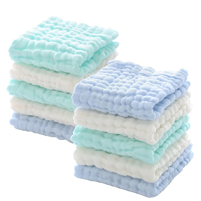 MUKIN Muslin Washcloths - Soft Face Cloths for Newborn, Absorbent Bath Face Towels, Wipes, Burp Cloths, Baby Registry as Shower. Pack of 10 (Green,Blue,White)