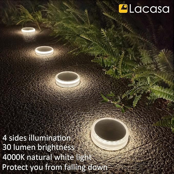 Lacasa Solar Deck Lights, 4 Pack 30LM Outdoor Solar Powered Step Lights, LED Dock Lights Natural White 4000K Light up All Night IP68 Waterproof Auto ON/Off for Garden Stairs Driveway Pathway Lighting