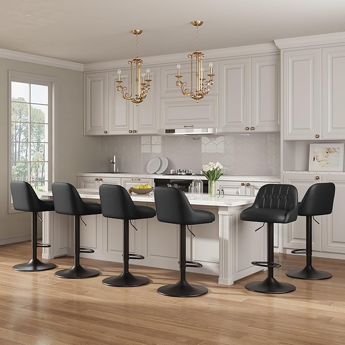 Bar Stools Set of 6, Swivel Bar Chairs, Modern Adjustable PU Leather Upholstered Barstools Counter Height with Tufted Back for Bar, Kitchen Counter Island, Dining Room, Black