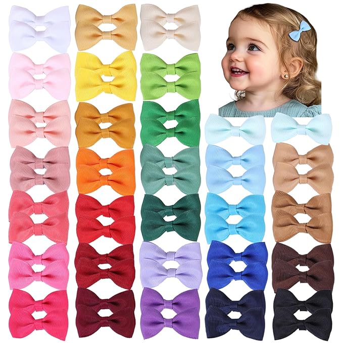 2inch Hair Bows for Baby Girls,60PCS Grosgrain Boutique Solid Ribbon Mini Bows Alligator Clips for Baby Girls Newborns Toddler in Pairs