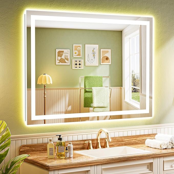 55x40 Inch LED Bathroom Mirror with Lights Front and Backlit Lighted Vanity Mirror for Bathroom Wall with 3 Colors Dimmable Anti-Fog Memory Shatter-Proof IP54 Waterproof Horizontal/Vertical