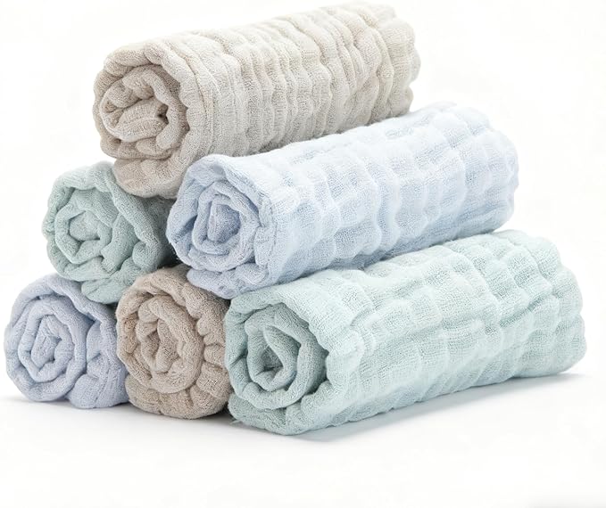 Organic Muslin Baby Washcloths 6 Pack Baby Bath Face Towel 12x12 Inch Extra Absorbent and Soft Burp Cloth and Wash Cloths for Newborn-Infants On Sensitive Skin (Blue Green Brown)