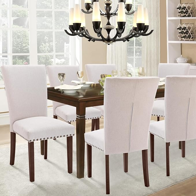 Set of 4 Beige Upholstered Dining Chairs, Farmhouse Kitchen Chairs with High Back Support, Solid Rubberwood Legs, Comfortable Padded Seat, Bronze Nailhead Trim, Dining Room Chairs for Family Meals
