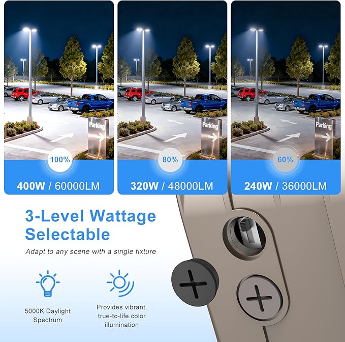400W LED Parking Lot Light 60000LM UL ETL Listed Commercial Flood Light 400W 320W 240W Adjustable IP65 5000K Street Light Slip Fitter for Stadium Backyard, 100-277V