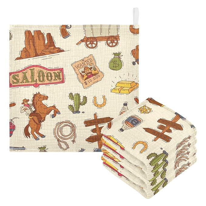 Cowboy Sheriff Burp Cloths for Boys & Girls, 5 Pack Wild West Western Muslin Washcloths Newborn Face Bath Towel Soft Absorbent Cotton Wash Cloth Baby Registry, 12 x 12 Inch