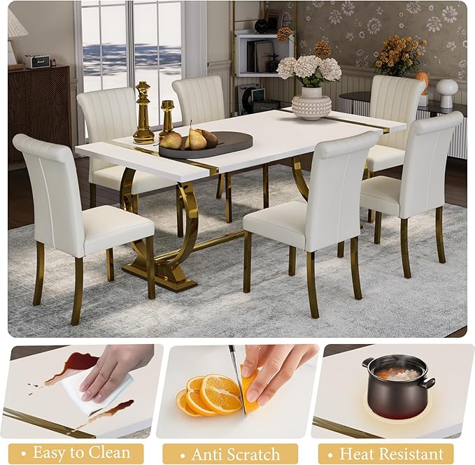 Asday Modern Large Dining Table, 80 Inch White and Gold Dining Table Unique Kitchen & Dining Room Table for 6-8, with White Tabletop and U Shape Stainless Steel Base