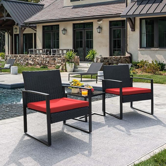 Flamaker 3 Pieces Wicker Patio Furniture Outdoor Modern Rattan Chair Conversation Sets with Coffee Table for Yard and Bistro (Red)